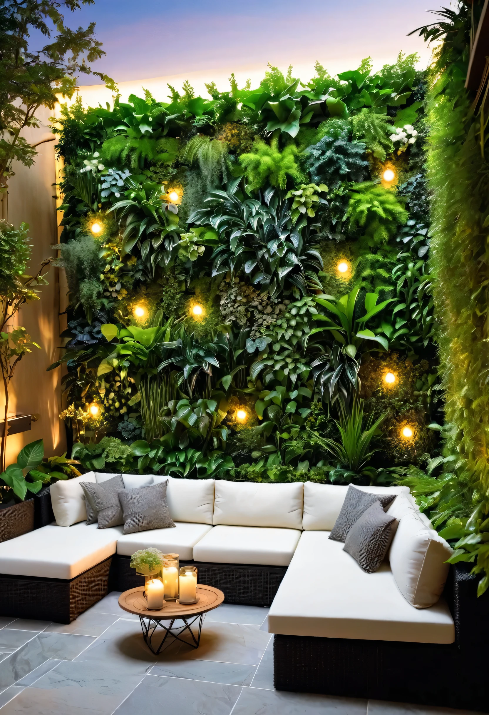 A serene outdoor living space with a lush vertical garden wall, a cozy sectional sofa, and warm lighting. The patio is bathed in a soft glow, creating an inviting atmosphere for relaxation and contemplation.