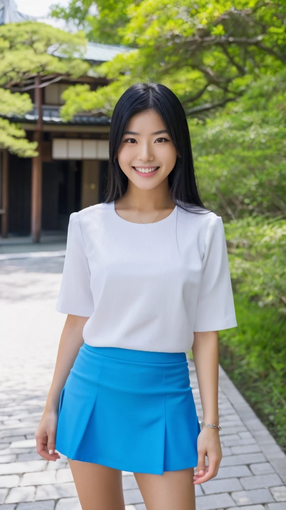 Generate Image：A very beautiful Japanese girl，Peaceful smile，Look at the camera，full-body shot，Short blue skirt，White clothes，hd hight details