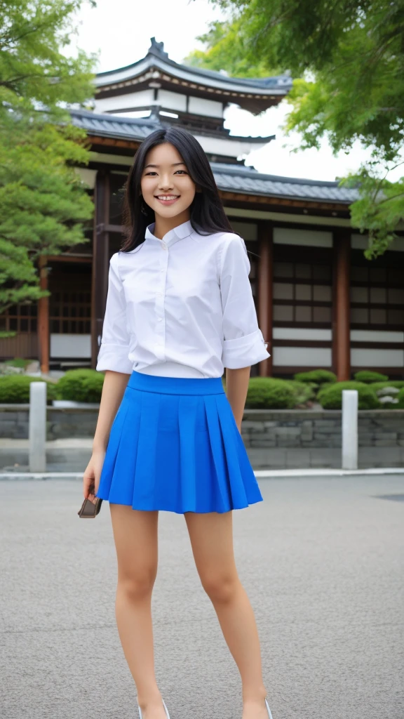 Generate Image:A very beautiful Japanese girl,Peaceful smile,Look at the camera,full-body shot,Short blue skirt,White clothes,hd hight details