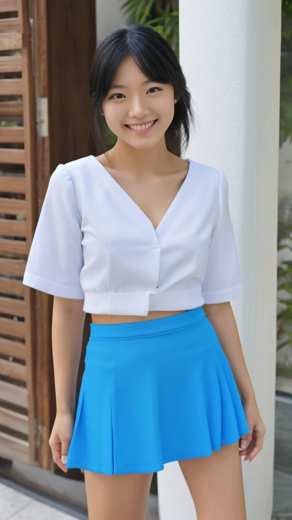 Neat and clean schoolgirl、(student clothes、a sailor suit、Ribbon knot at chest、summer clothing、The upper body is white、The skirt is dark blue)、Outside the field、(Slimed)、Photorealsitic、detaileds, Skin Texture, ultra-detailliert、Delicate and sexy collarbone、A smile、Super Detailed Face、Detailed lips、A detailed eye、tiny chest、Smaller chest、small tit、Small、flat breast、Chest emphasis、Bright face、((is standing、White panties are visible from the skirt、slightly lift the hem of the skirt with both hands,,))((Naked wearing only one white apron、Naked sexy white apron))