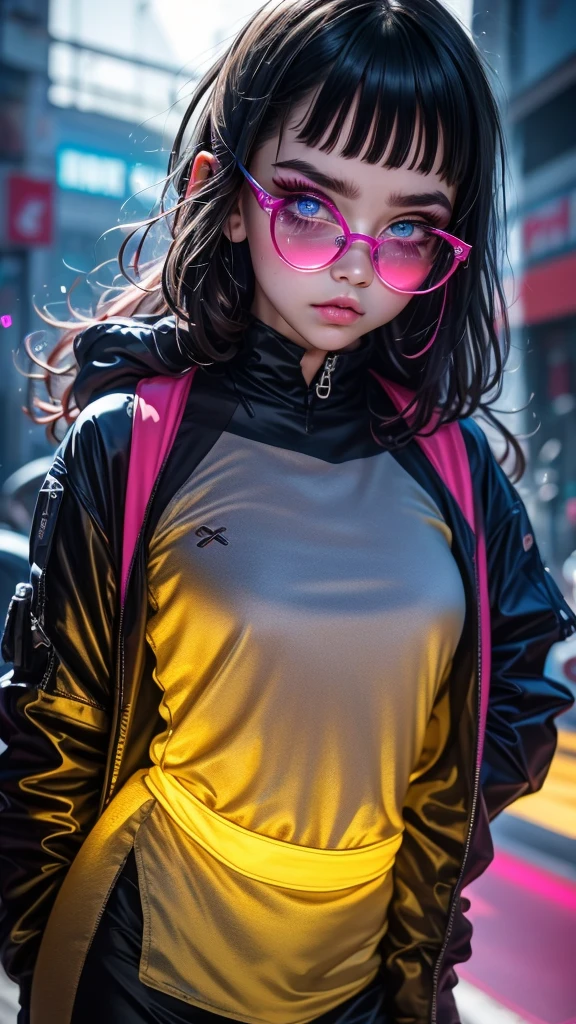 upper body, 1girl, , solo, Eye focus,Masterfully crafted Glow, pink lens flare, Cinematic background,colourful, hyper details, hdr, ultra detailed eyes, mature, plump, rainbow painting drops,(supermodel:1.3), indoors, (bioluminescent hair:1.1),(glowing eyes), ((makeup)), fierce, powerful, splashes of colour absolutely eye-catching, dynamic angle, beautiful detailed glow, ambient occlusion, ambient light, raytraced reflections, retro style, living arcade characters, arcade style world, gloves, jacket,weapon, shorts, black gloves, black jacket, drill hair, black shorts, eye wear on head, bubble blowing, chewing gum, (Cute face:1.3),