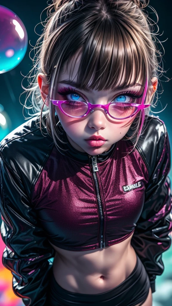 upper body, 1girl, loli, solo, Eye focus,Masterfully crafted Glow, pink lens flare, Cinematic background,colourful, hyper details, hdr, ultra detailed eyes, mature, plump, rainbow painting drops,(supermodel:1.3), indoors, (bioluminescent hair:1.1),(glowing eyes),  ((makeup)), fierce, powerful, splashes of colour absolutely eye-catching, dynamic angle, beautiful detailed glow, ambient occlusion, ambient light, raytraced reflections, retro style, living arcade characters, arcade style world, gloves, jacket,weapon, shorts, black gloves, black jacket, drill hair, black shorts, eye wear on head, bubble blowing, chewing gum, (Cute face:1.3),