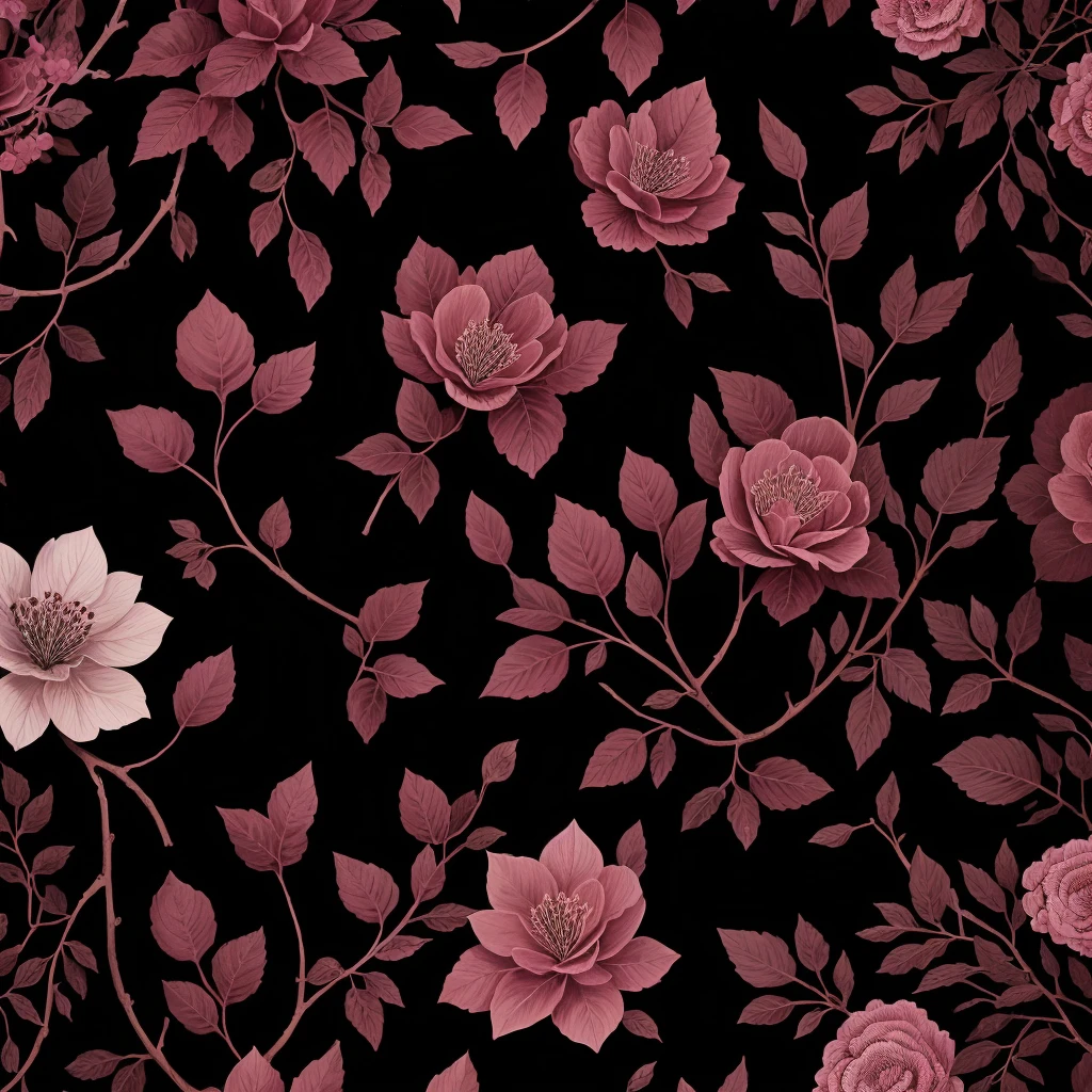 a black and pink floral background with leaves and berries, beautiful illustration, purple foliage, by Rose Henriques, by Zofia Stryjenska, pink forest, botanical background, by Maruja Mallo, illustration | rutkowski, by Emily Murray Paterson, by Louise Abbéma, detailed beautiful plants, lush garden leaves and flowers, color leaves, beautifully illustrated