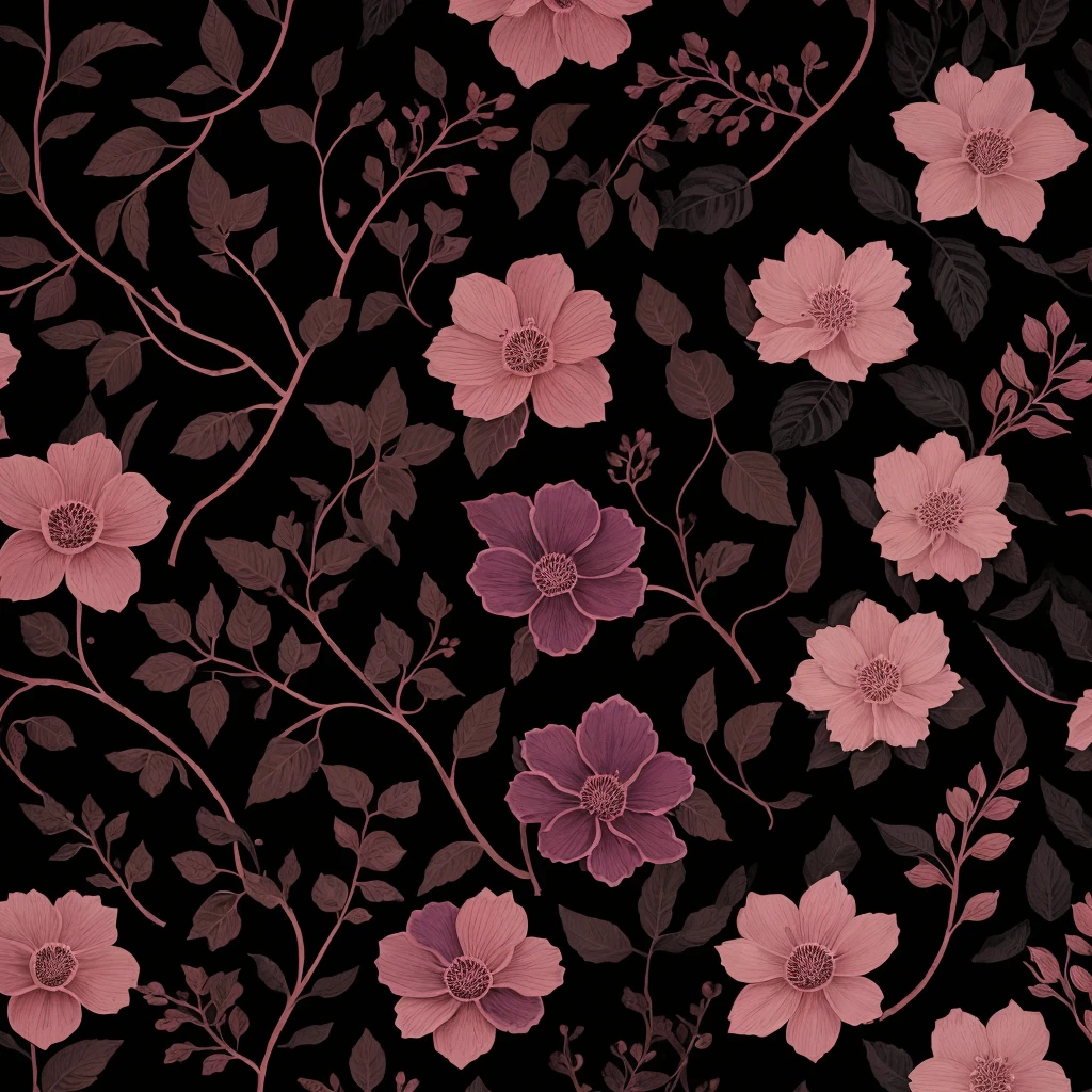 a black and pink floral background with leaves and berries, beautiful illustration, purple foliage, by Rose Henriques, by Zofia Stryjenska, pink forest, botanical background, by Maruja Mallo, illustration | rutkowski, by Emily Murray Paterson, by Louise Abbéma, detailed beautiful plants, lush garden leaves and flowers, color leaves, beautifully illustrated