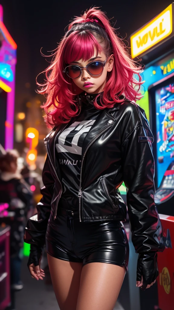 upper body, 1girl, li, solo, Eye focus,Masterfully crafted Glow, pink lens flare, Cinematic background,colourful, hyper details, hdr, ultra detailed eyes, mature, plump, rainbow painting drops,(supermodel:1.3), indoors, (bioluminescent hair:1.1),(glowing eyes), ((makeup)), fierce, powerful, splashes of colour absolutely eye-catching, dynamic angle, beautiful detailed glow, ambient occlusion, ambient light, raytraced reflections, retro style, living arcade characters, arcade style world, gloves, jacket,weapon, shorts, black gloves, black jacket, drill hair, black shorts, eye wear on head, bubble blowing, chewing gum, (Cute face:1.3),