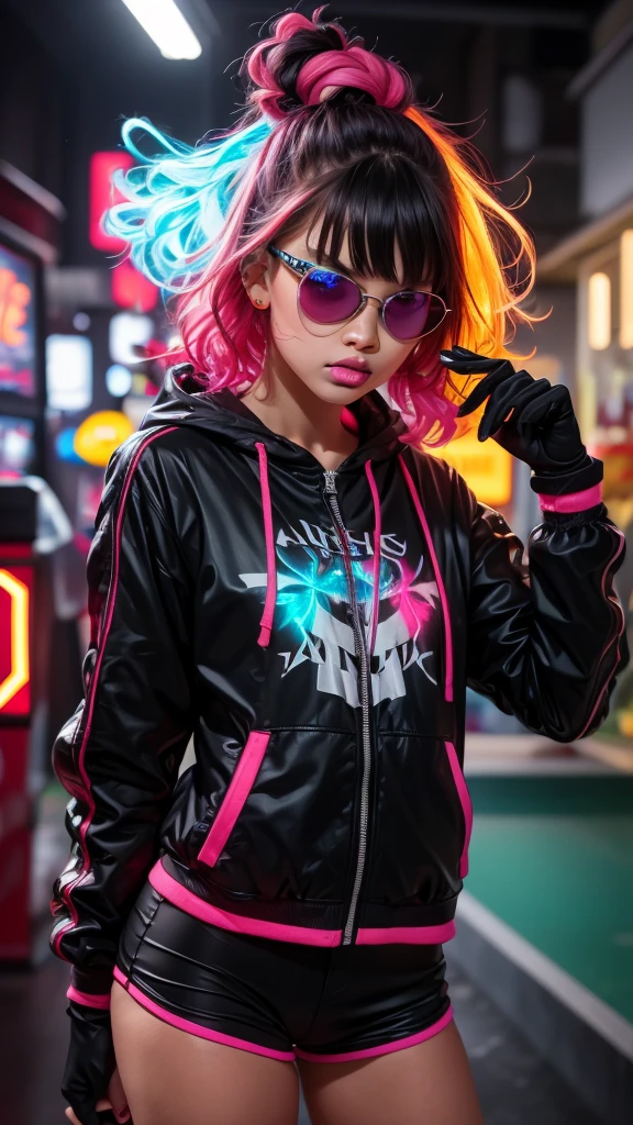 upper body, 1girl, loli, solo, Eye focus,Masterfully crafted Glow, pink lens flare, Cinematic background,colourful, hyper details, hdr, ultra detailed eyes, mature, plump, rainbow painting drops,(supermodel:1.3), indoors, (bioluminescent hair:1.1),(glowing eyes),  ((makeup)), fierce, powerful, splashes of colour absolutely eye-catching, dynamic angle, beautiful detailed glow, ambient occlusion, ambient light, raytraced reflections, retro style, living arcade characters, arcade style world, gloves, jacket,weapon, shorts, black gloves, black jacket, drill hair, black shorts, eye wear on head, bubble blowing, chewing gum, (Cute face:1.3),