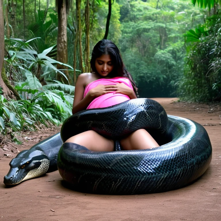  Pregnant  pink loin cloth  aroused horny beautiful happy  young  Indian teen village girl   vs  Giant colossal black anaconda    monster wrapped around her body squeezing her in coiled embrace cuddling and kissing  sexual erotic bestiality  sex  realistic in the rainforest full body, best quality wet 