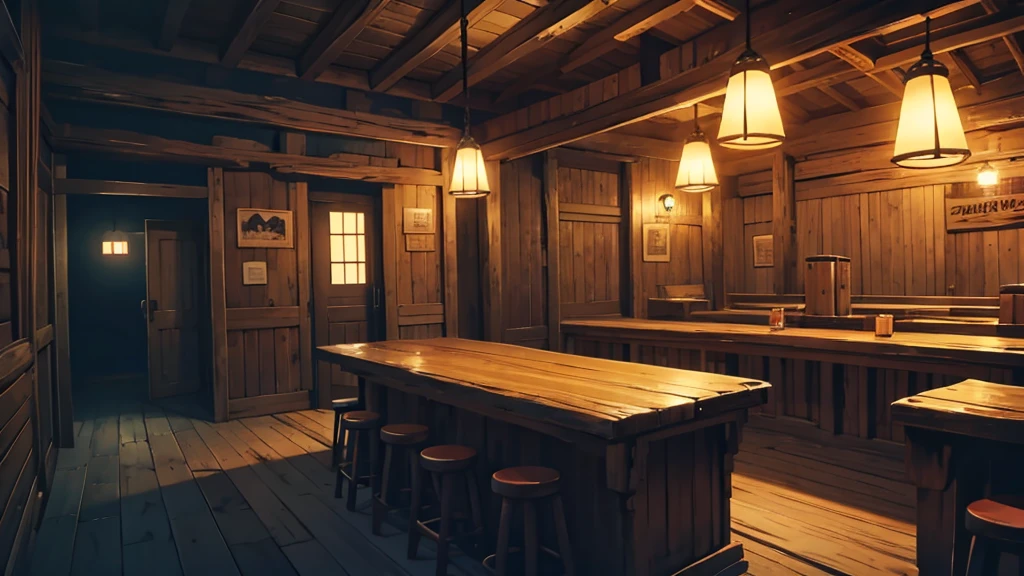 inside a saloon at night, no persons, no humans, cartoon-style