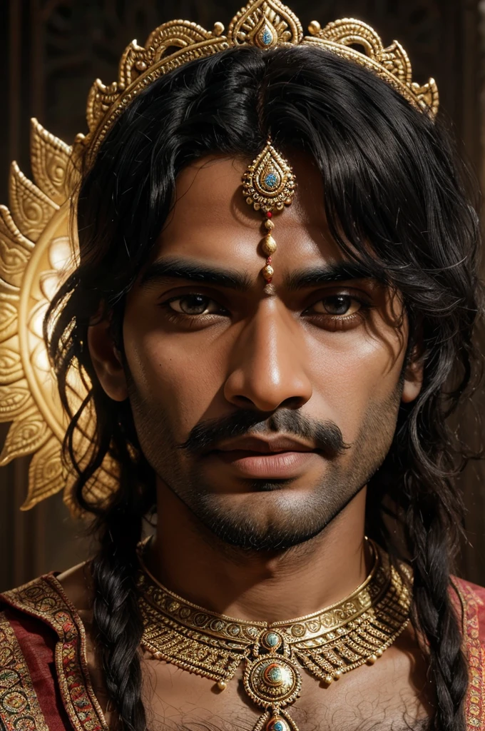 A photorealistic portrait of a 30-year-old Indian man with fair skin, curly black hair, and intense black eyes dressed as the Hindu Lord Krishna. The image showcase intricate detailing of his attire and jewelry, along with a sun god halo of light illuminating his face. The overall style should be reminiscent of artists such as Mark Ryden and LostFish, with a surreal and unreal engine feel. The environment should be highly detailed and illuminated with global illumination and god rays, similar to the visual style of the game Elden Ring.