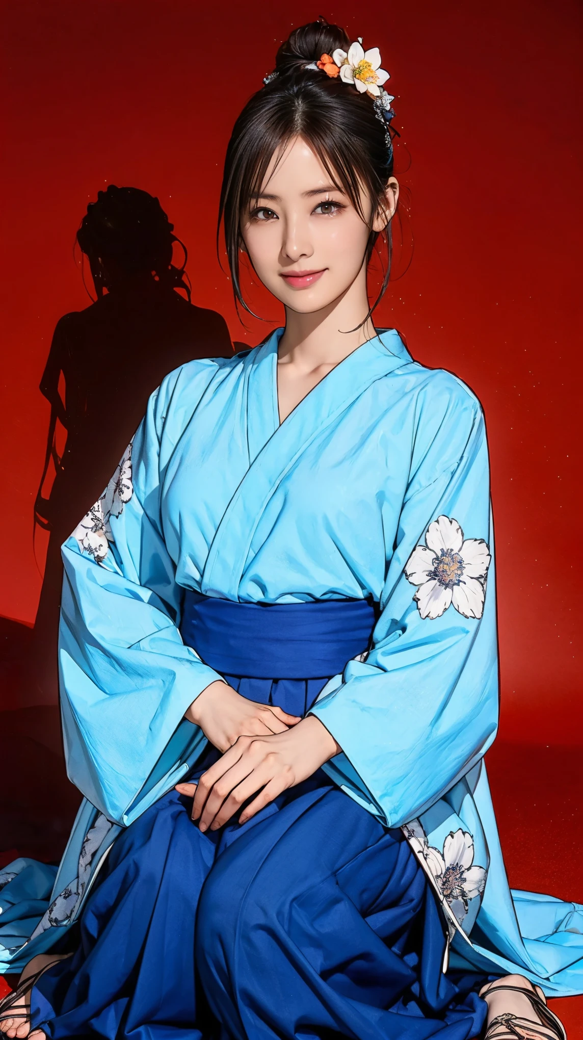 ((masterpiece)),(((Highest quality))),((Character design sheet)),Thin thighs,Long legs, One girl, Honoka, Shrine maiden, Hakama skirt, Sitting, shrine, smile ((masterpiece)),(((Highest quality))),((Character design sheet)),A Japanese yukata with a bright floral and flower pattern in a combination of light blue and navy blue.:1.5，Stylish sandals:1.5，最高のsmile:1.5，Upper Body Shot:1.5，Night fireworks background:1.5，Flashy makeup with red eyeshadow:1.5，Bun Hair:1.5，
