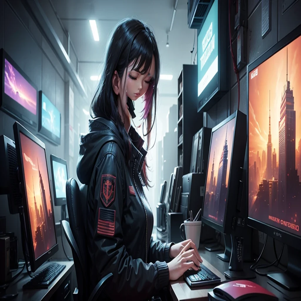 There is a woman sitting at a desk with a laptop and a monitor, digital Cyberpunk anime art, Digital Cyberpunk - Anime Art, Cyberpunk Anime Girl, Cyberpunk Anime Girl in hoodie, Cyber , female Cyberpunk Anime Girl, anime cyberpunk art, Cyberpunk anime art, Cyberpunk art style, dreamy Cyberpunk Girl, Cyberpunk Girl, Cyberpunk Style, Cyberpunk beautiful girl, Cyberpunk themed art,eyes closed