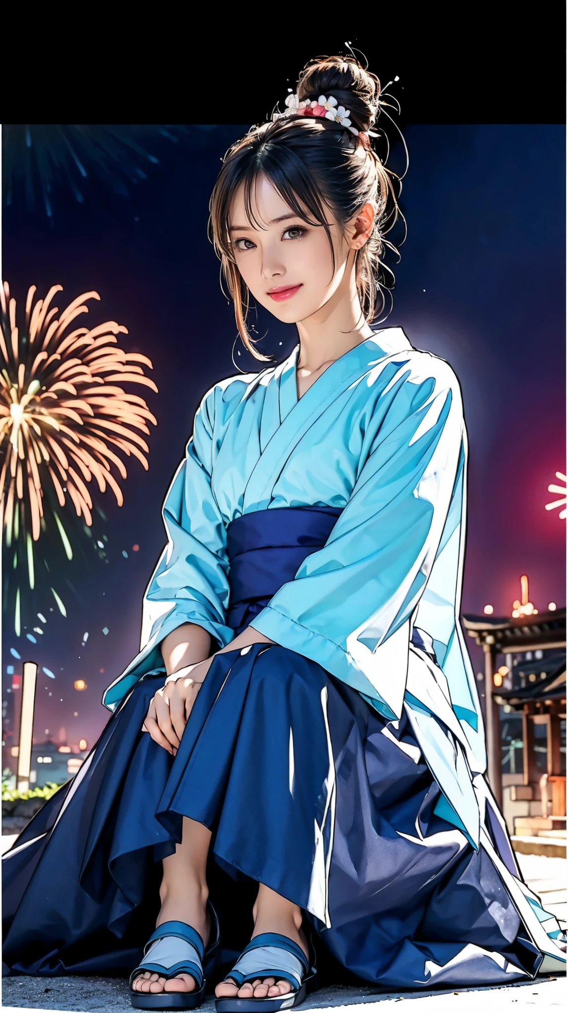 ((masterpiece)),(((Highest quality))),((Character design sheet)),Thin thighs,Long legs, One girl, Honoka, Shrine maiden, Hakama skirt, Sitting, shrine, smile ((masterpiece)),(((Highest quality))),((Character design sheet)),A Japanese yukata with a bright floral and flower pattern in a combination of light blue and navy blue.:1.5，Stylish sandals:1.5，最高のsmile:1.5，Upper Body Shot:1.5，Night fireworks background:1.5，Flashy makeup with red eyeshadow:1.5，Bun Hair:1.5，