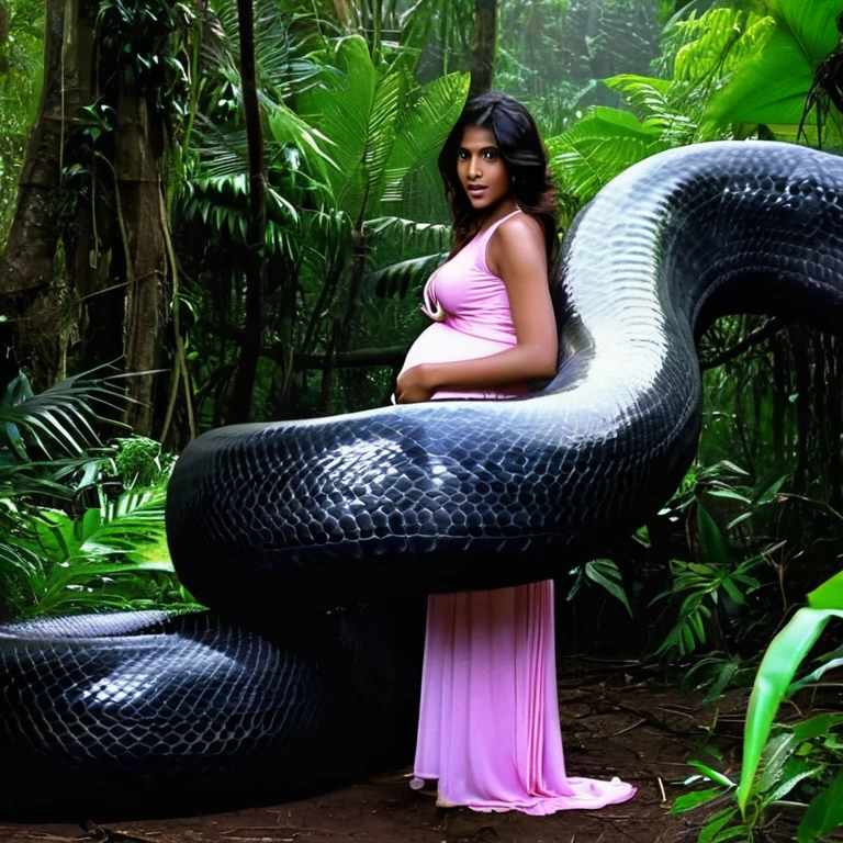 Pregnant pink loin cloth aroused horny beautiful happy young Indian teen girl vs Giant colossal black anaconda monster wrapped around her body squeezing her in coiled embrace cuddling and kissing sexual erotic bestiality sex realistic in the rainforest full body, best quality wet