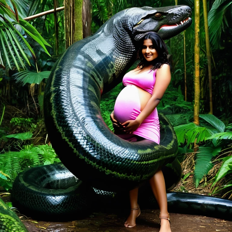 Pregnant pink loin cloth aroused horny beautiful happy young Indian girl vs Giant colossal black anaconda monster wrapped around her body squeezing her in coiled embrace cuddling and kissing sexual erotic bestiality sex realistic in the rainforest full body, best quality wet