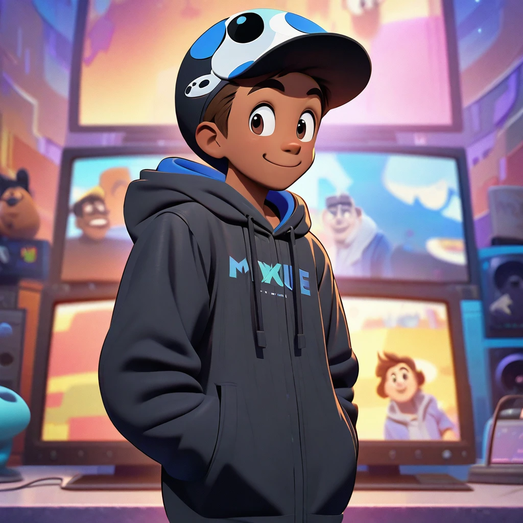 disney pixar style image, 4K, brown boy, in a black coat and hood on his head, with hands in pockets, smiling at the screen, and on the coat there is a design of a video game controller.