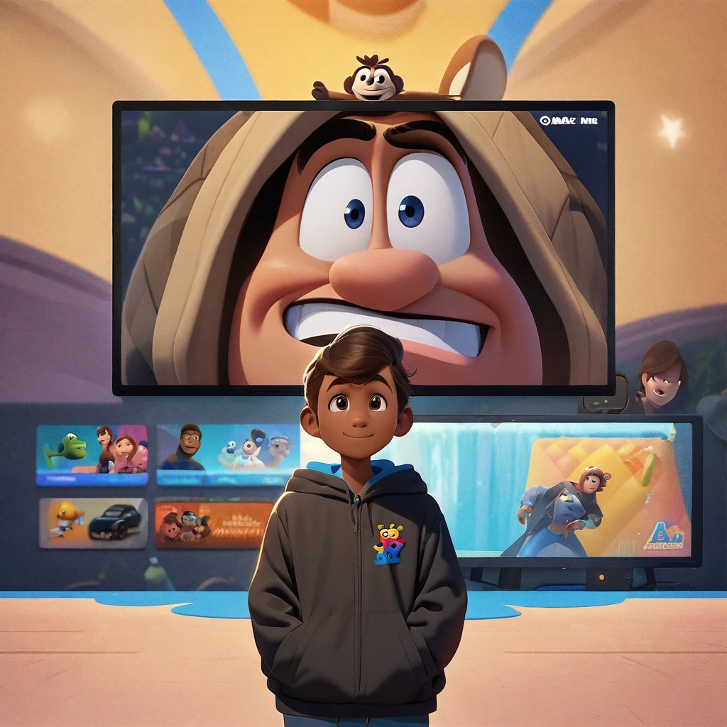 disney pixar style image, 4K, brown boy, in a black coat and hood on his head, with hands in pockets, smiling at the screen, and on the coat there is a design of a video game controller.