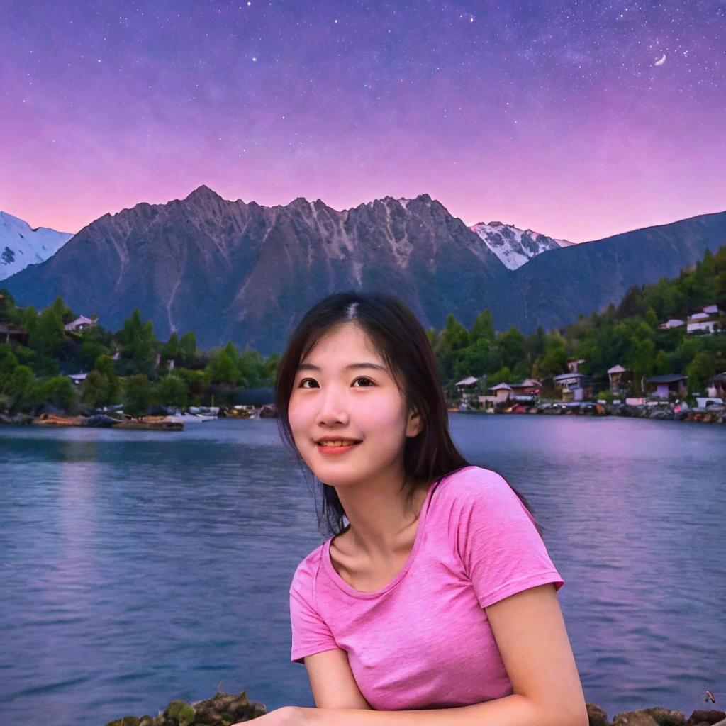 medium shoot, a girl in a pink t-shirt propped her chin with her hand, stars twinkling in the sky. Big pink moon behind the mountains. The calm lake reflects the night. realistic scenes, details, Photorealism, 16k