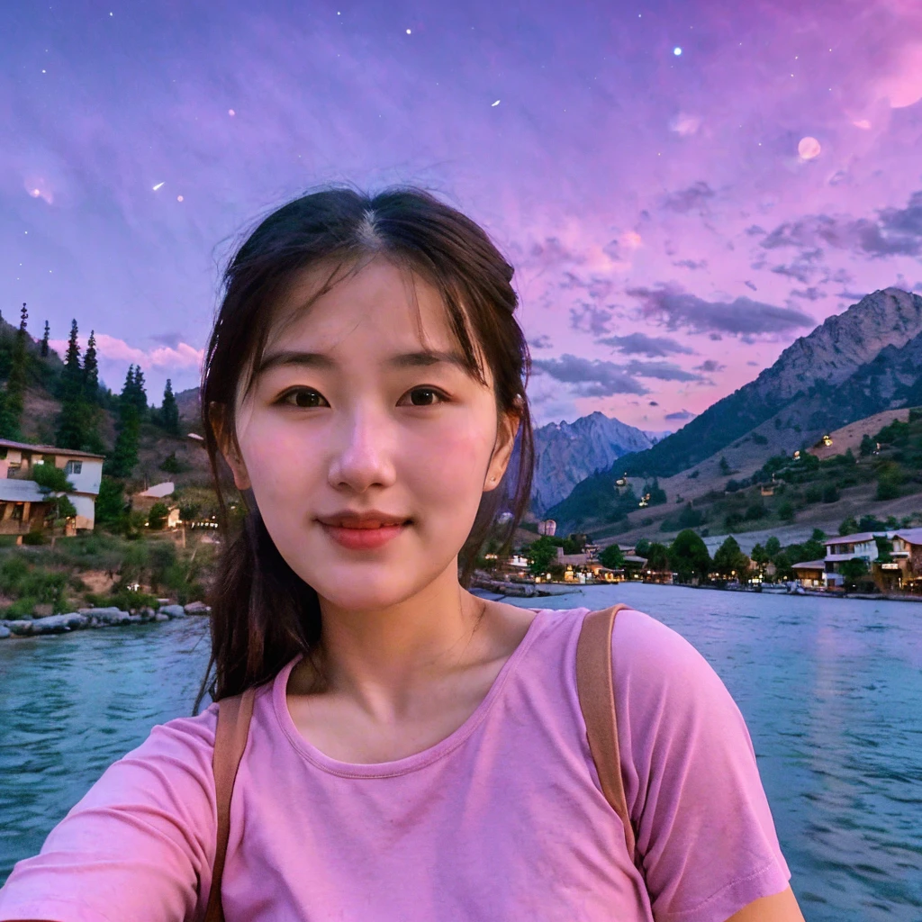 medium shoot, a girl in a pink t-shirt propped her chin with her hand, stars twinkling in the sky. Big pink moon behind the mountains. The calm lake reflects the night. realistic scenes, details, Photorealism, 16k