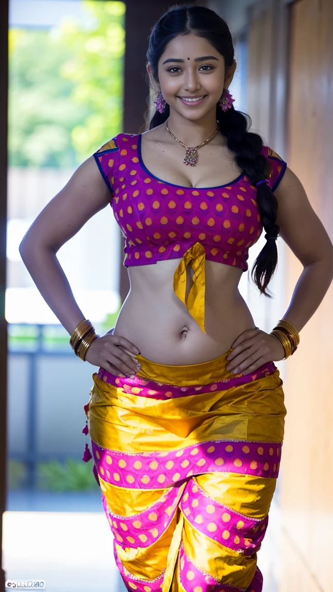 HD wallpaper 32k cinematic shoot of a Beautiful cute Pooja Hegde, with thick thighs and a curvy waist, twin braids, wearing an Indian blouse top, horny, seductively, in a school corridor, dotted blouse top, smiling, ((long curvy waist)), ((lowwaist)), ((curvy waist))