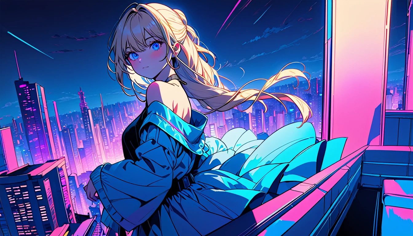 masterpiece,Highest quality,1 Synthwave girl,Blue outline,Neon cityscape,Blue fluorescent paint,solo,From below,Cowboy Shot,Rooftop of a building,Highly detailed CG,Flat Color,Limited palette,Line art,silhouette,Partially colored,Alternate Color,Dynamic Angle,Blonde long hair、Blue long upper champagne,Dark purple shadow,Synth Wave,chromatic aberration,(soloフォーカス)、Perfect Shadow、Wearing an off-the-shoulder floating jacket、Delicate face、、Beautiful and delicate eyes、Delicate background、Blue Neon Light、night、