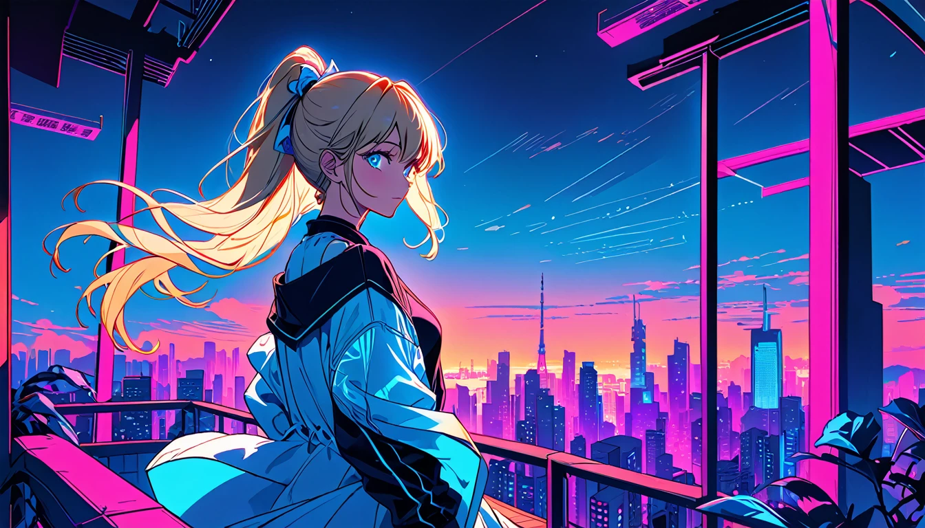 masterpiece,Highest quality,1 Synthwave girl,Blue outline,Neon cityscape,Blue fluorescent paint,solo,From below,Cowboy Shot,Rooftop of a building,Highly detailed CG,Flat Color,Limited palette,Line art,silhouette,Partially colored,Alternate Color,Dynamic Angle,Blonde long hair、Blue long upper champagne,Dark purple shadow,Synth Wave,chromatic aberration,(soloフォーカス)、Perfect Shadow、Wearing an off-the-shoulder floating jacket、Delicate face、、Beautiful and delicate eyes、Delicate background、Blue Neon Light、night、