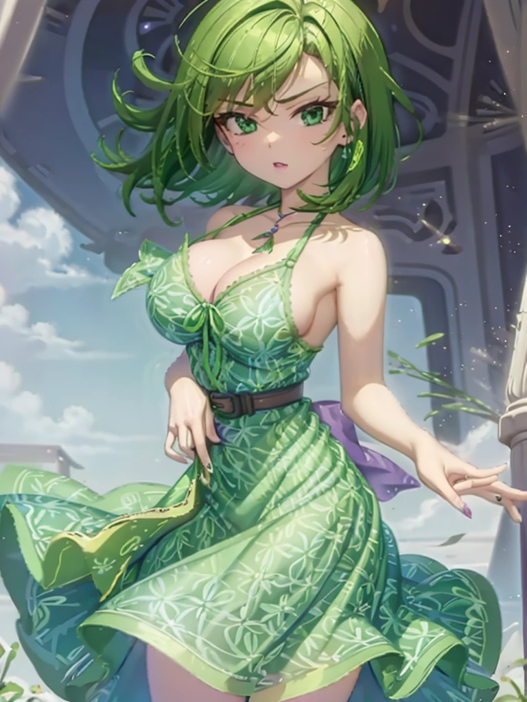 1girl, solo, beautiful girl, green skin, green eyes, big eyes, long eyelashes, green hair, short hair, shiny hair, medium breasts, green dress, strapless dress, floral print dress, green belt, purple scarf around the neck, green leggins, looking at viewer, bare arms, bare shoulders, disgust face, narrow waist, big butt, violet lips, lip gloss, perfect hands, perfect anatomy, dress pull, breast slip, nipple slip, puffy nipples, topless,