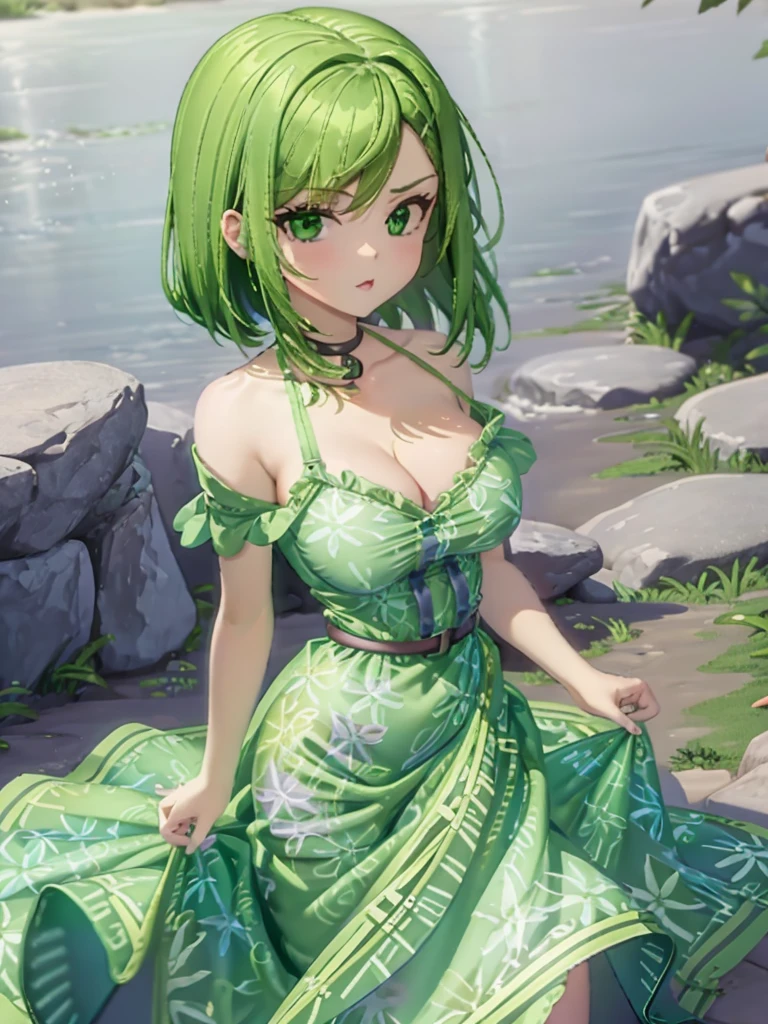1girl, solo, beautiful girl, green skin, green eyes, big eyes, long eyelashes, green hair, short hair, shiny hair, medium breasts, green dress, strapless dress, floral print dress, green belt, purple scarf around the neck, green leggins, looking at viewer, bare arms, bare shoulders, disgust face, narrow waist, big butt, violet lips, lip gloss, perfect hands, perfect anatomy, dress pull, breast slip, nipple slip, puffy nipples, topless,