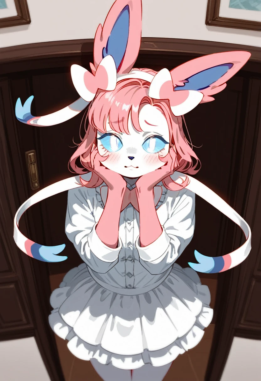 Alone, score_9,score_8_above,score_7_above,  a female anthro hairy sylveon, calvo, blue sclera, white eyes, wearing pink blouse, white shirt ruffled skirt, inside, shy pose, hands to his face
