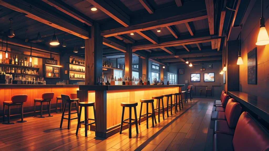inside a modern pub at night, no persons, no humans, cartoon-style