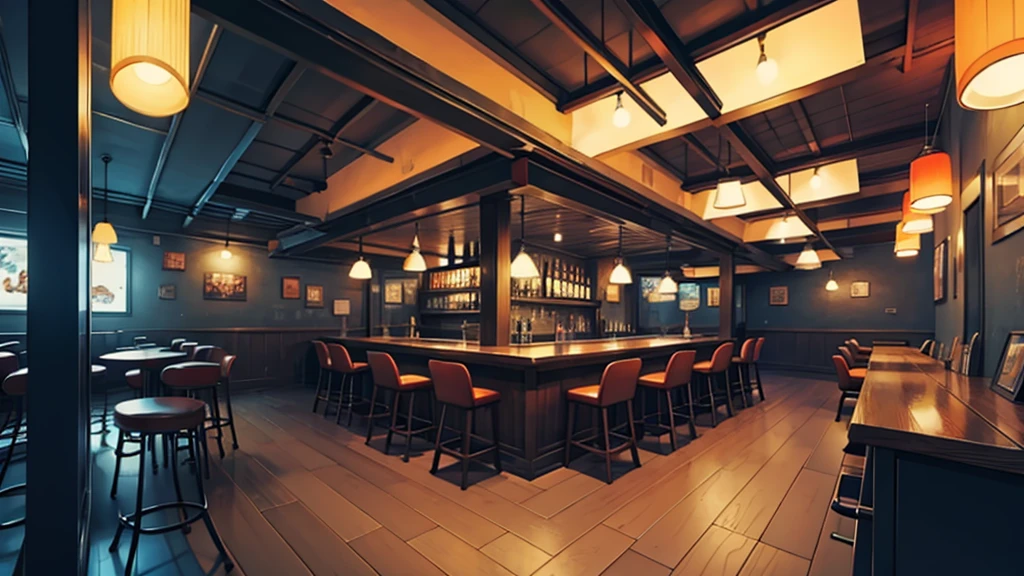 inside a modern pub at night, no persons, no humans, cartoon-style