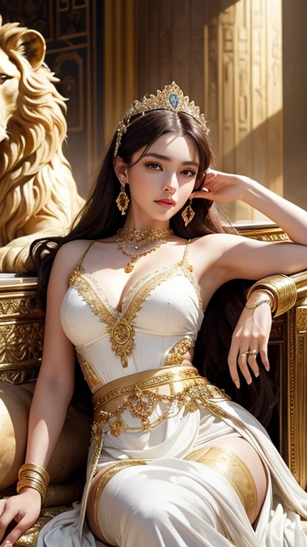 a woman in an ancient Greek or mythological setting, adorned with gold jewelry and wearing a white skirt. She is posed reclining on a luxurious surface with two lions beside her. The background has ornate designs, contributing to the opulent and regal atmosphere. The lighting is warm and dramatic, enhancing the ethereal and majestic feel of the scene. The woman’s attire and the presence of lions suggest a depiction of a figure of power or divinity, reminiscent of a queen or goddess from ancient times, elegance pose , medium long shot ,luxury ancient Greek garden background