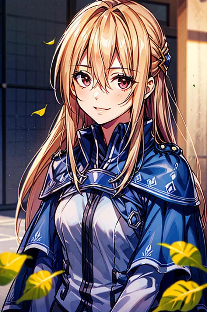 ((masterpiece))、(((Highest quality)))、((Super detailed))、((An illustration))、Attention to detail、Highly detailed CG Unity 8k、High resolution,One girl, Lots of hydrangea background,Long Hair, alone, Hair between the eyes, smile, Red eyes, Kind eyes,Floating Hair, Blurred background, Blonde, View your viewers, Blurred, Upper Body, very Long Hair, bangs, Shiny hair, leaf, Shiny, Capelet, Blue Cape, Yuina Shirakawa,
