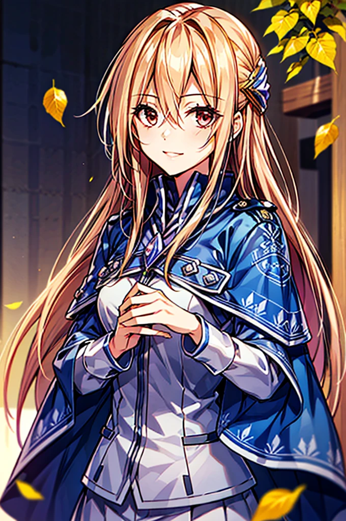 ((masterpiece))、(((Highest quality)))、((Super detailed))、((An illustration))、Attention to detail、Highly detailed CG Unity 8k、High resolution,One girl, Lots of hydrangea background,Long Hair, alone, Hair between the eyes, smile, Red eyes, Kind eyes,Floating Hair, Blurred background, Blonde, View your viewers, Blurred, Upper Body, very Long Hair, bangs, Shiny hair, leaf, Shiny, Capelet, Blue Cape, Yuina Shirakawa,