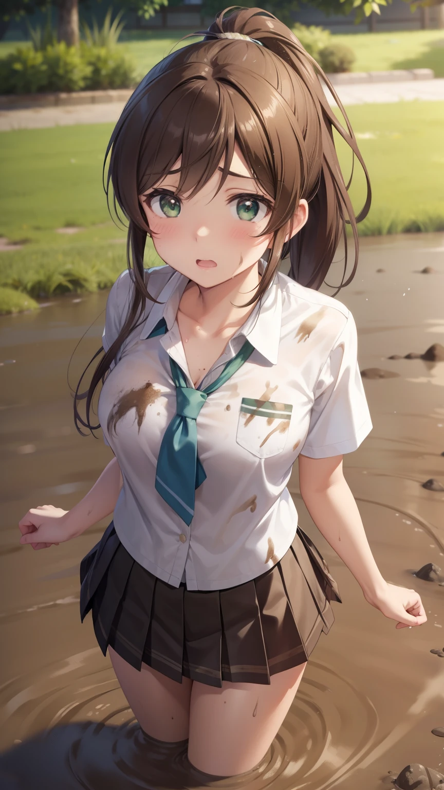nozomitoujou, nozomi toujou, green eyes, brown hair, ponytail, medium breasts, masterpiece, best quality, high resolution, beautiful detailed eyes, extremely detailed face, good lighting, detailed CG, messy hair, glossy lips, upset, scared, (sinking in mud), garden, from above, (skirt spread on ground), standing, school shirt, pleated miniskirt