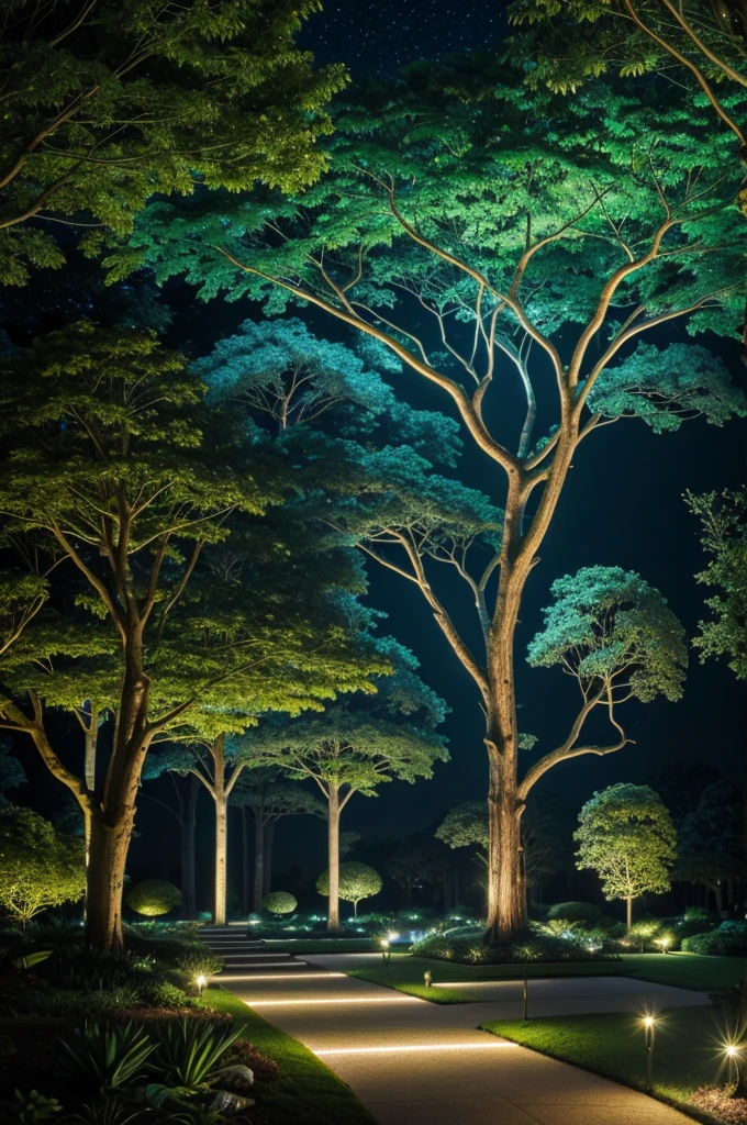 A vast futuristic garden where nature and technology merge harmoniously. Giant trees with metal trunks and bioluminescent leaves are intertwined with glass and