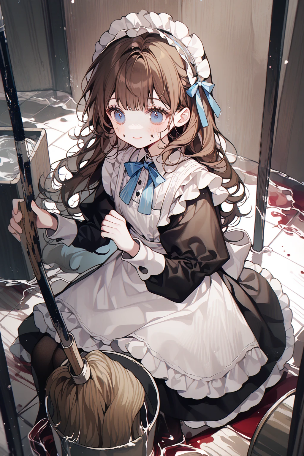 by ttosom, 1 girl, CuteStyle, upper body, blue eyes, brown hair, long hair with bangs, dressed in a long black maid dress, white apron, white sleeve cuffs, long sleeves, white maid headdress, transparent black tights, sitting on a black sofa, next to a mop and a bucket of water, white tiled floor, blood on the floor, indoors, black fog around the room, looking down, smile, sweat on the face, blush, detailed, top view, close, beautiful, delicate tones