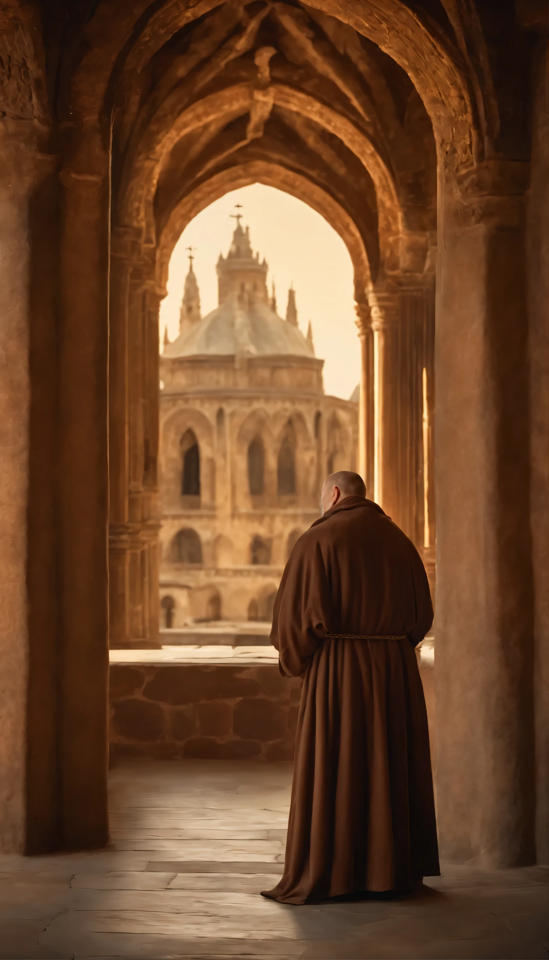 A friar looking at the screen., long brown clothes, religion, ultra realistic photo, since the time of 1226