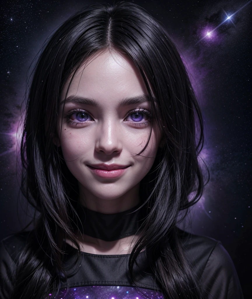 Draw a black moon with a smiling face, asymmetrical eyes and scars in the mouth. Add a purple glow around the moon and include stars and rays of purple light on the black background to create a spacey effect.