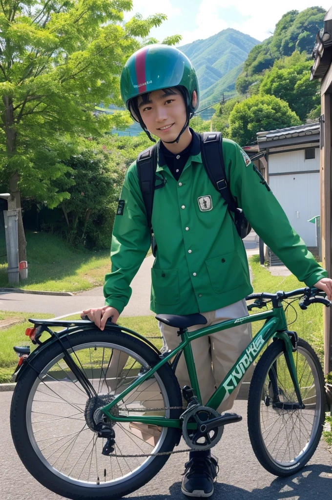 A young Japanese man with green hair and a helmet。There's a chick on the helmet。The background is a summer sky with cumulonimbus clouds.。
The clothes are Japanese high school uniforms.、Black。
The location is the Japanese countryside。Bike parked next to