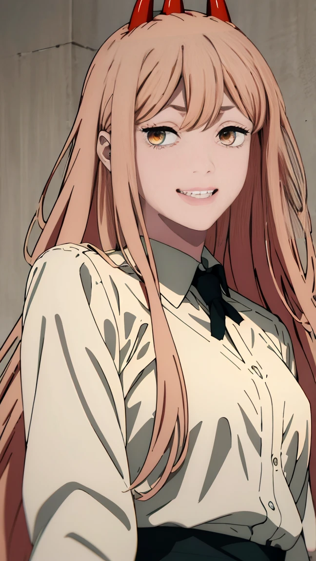 (Best quality), (masterpiece), (only), 1 girl, Maybe_XM, peach hair, full length (full body 1.1), yellow eyes, cross-shaped pupils, pupils in the form of symbols, red horns, white button up shirt, black tie, sharp teeth, smile, long hair, whole body