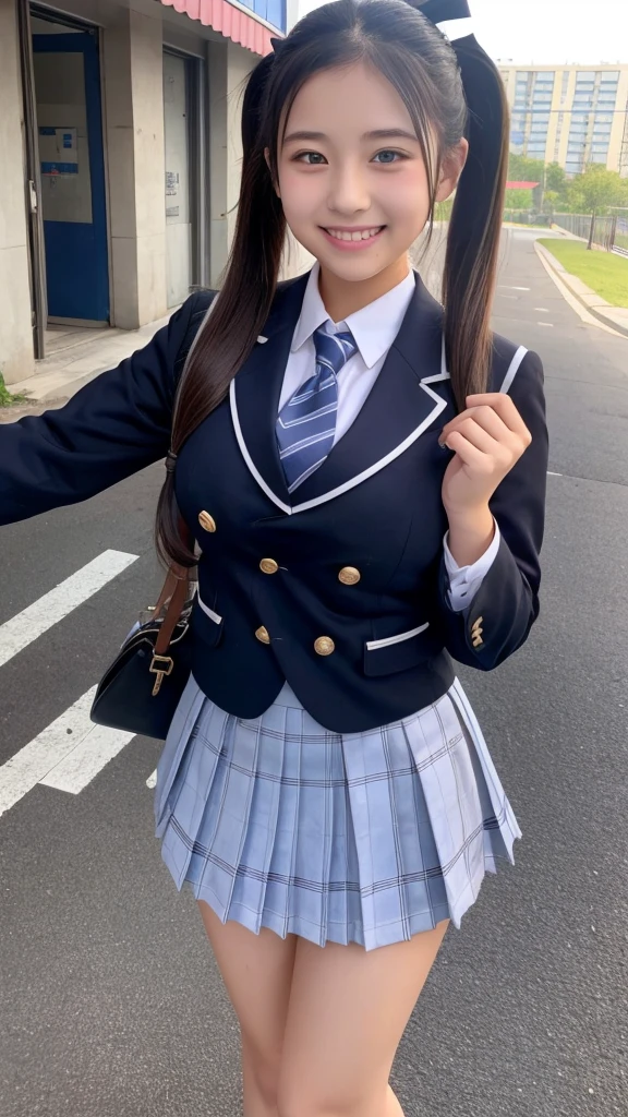 beautiful girl、In town、school uniform Real、Big Breasts、smile、Twin tails、
mini skirt