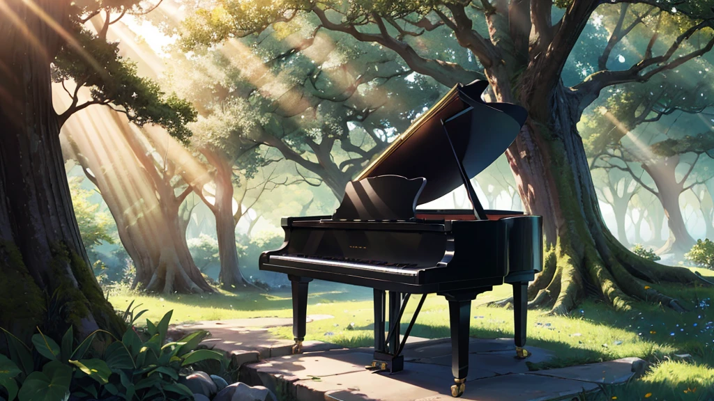 A grand piano placed in front of a large tree、The sunlight filtering through the trees sparkles、Soft Light、There is no one、Only one grand piano、Shinkai Seikaze illustration、A 1000-year-old tree