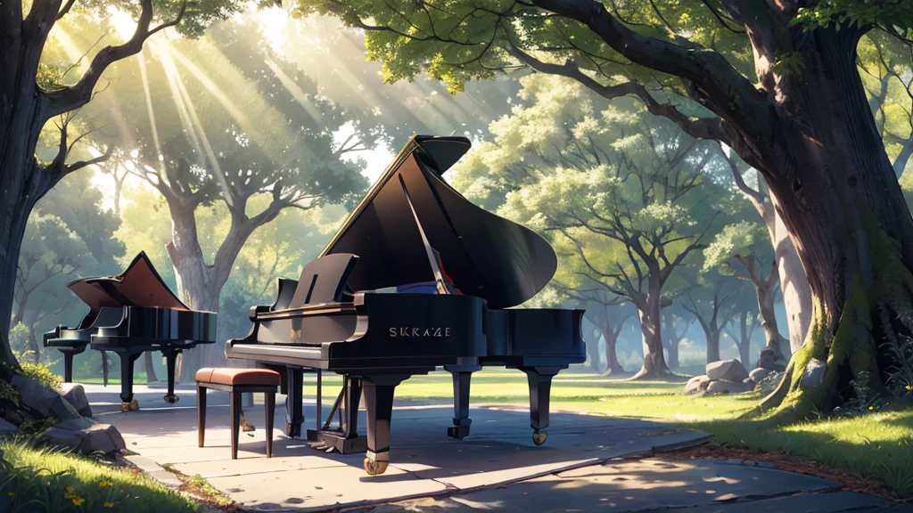 A grand piano placed in front of a large tree、The sunlight filtering through the trees sparkles、Soft Light、There is no one、Only one grand piano、Shinkai Seikaze illustration、A 1000-year-old tree