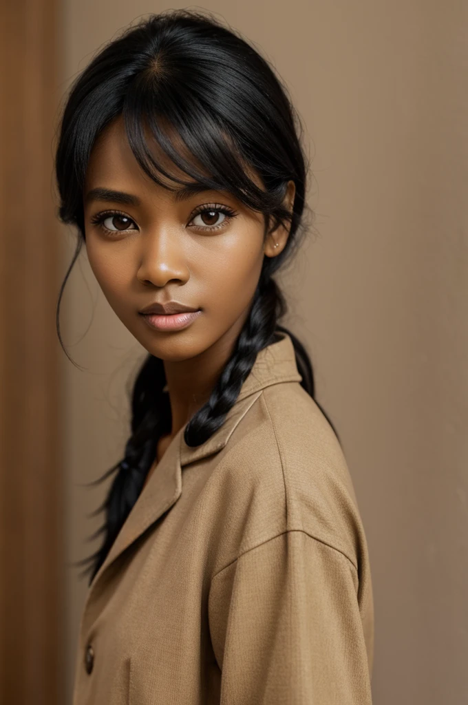 Woman with medium black hair , big brown eyes with long eyelashes , small nose and small mouth , v face , dark skin and beige clothing 