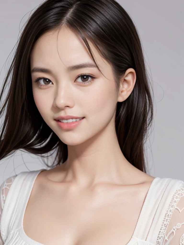 raw photo, 1girl, cute face, beautiful face, medium breast, collared blouse, White blouse, light smile, Upper body, detailed skin, pore, simple background, photorealistic, anatomically correct, masterpiece, best quality, UHD