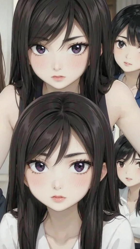 Mommy with 4 daughters,black hair, long hair, messy hair, hair between eyes, chubby cheek,Sexy lips, pucker lips