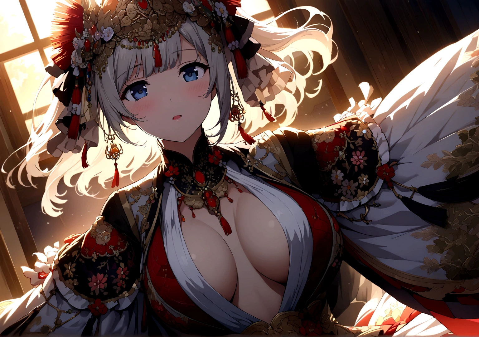 Close-up portrait of a girl in a beautiful with a wide open front、Highly detailed CG、(Beautiful clothes with a wide open chest:1.4)、Bedroom、One Girl、