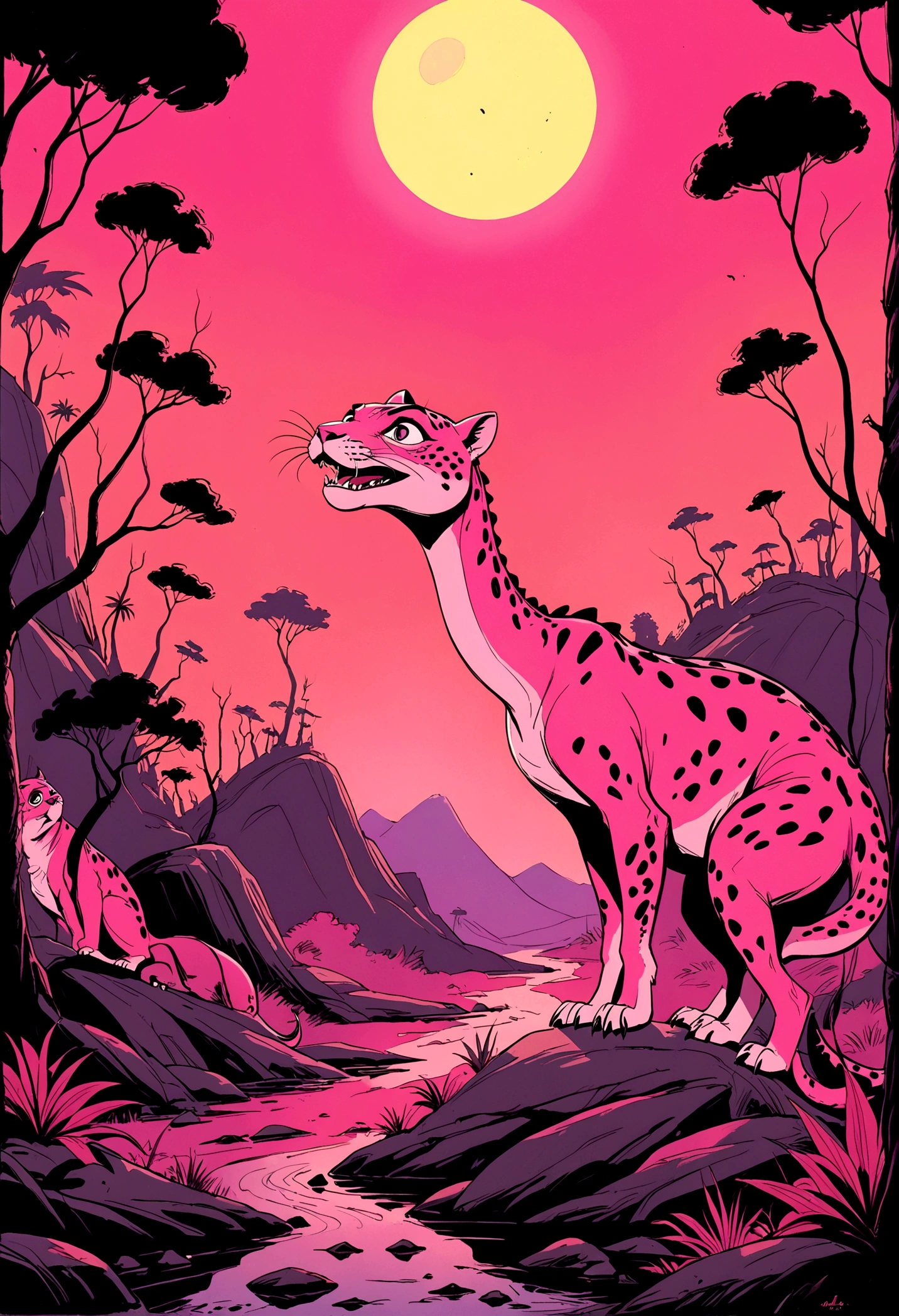 Pink dinosaur, shades of pink, light to dark pink spectrum (pink panther homage) hand drawn 1960s animated, cinematic action shot, silly, campy film hyperrealism hand drawn rotoscope, dark digital art style subtle american animation influence (sean gordon murphy, joelle jones) minimalism, abstract flourishes, wearing intense ultra violet technicolor roygbiv light across face, rich color grading. candid pencil ink comic splash page, expressive hand drawn, prano bailey-bond lighting, unsettling. surreal, flat, illustration, splash page