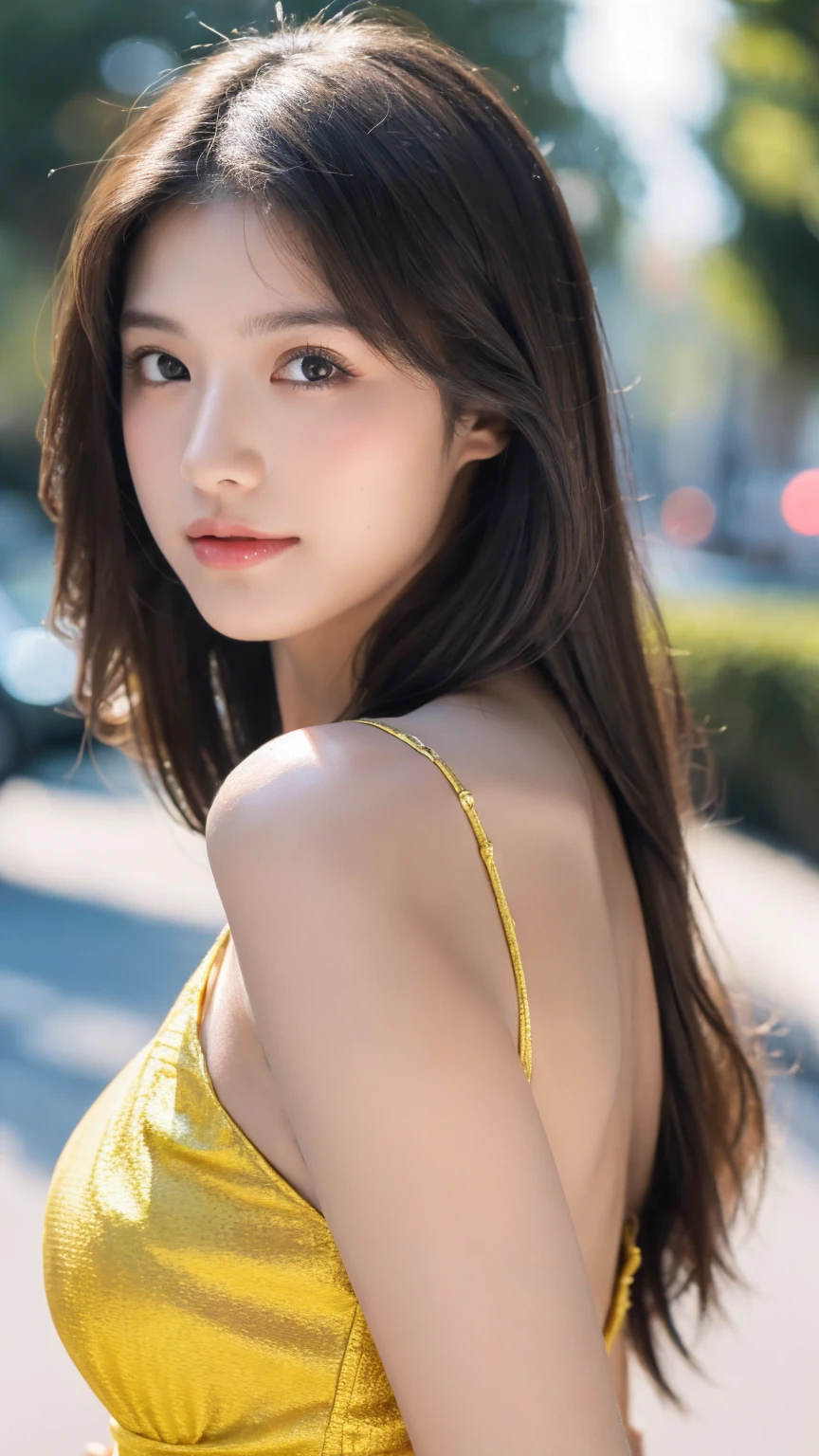((Best quality, 8K, masterpiece:1.3)),1girl,18 years old,Asian,Real texture:1.3,(Background blur:1.1),Gorgeous long dress,Tall and slender figure:1.2,(Hot summer weather),(street:1.3),Highly detailed face and skin textures,Exquisite eyes,Long eyelashes,Double eyelids,Skin Whitening,happy,Various postures,Big breasts