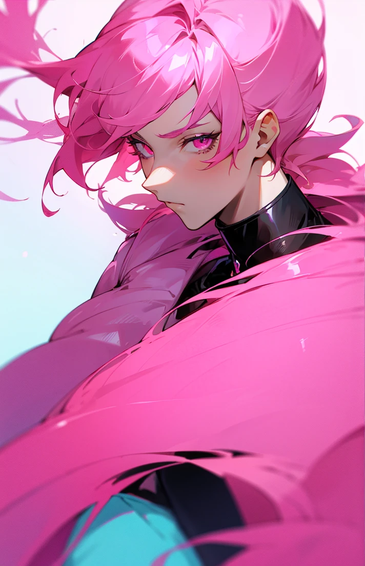 Effeminate boy with big pink hair, with pink eyes, high resolution